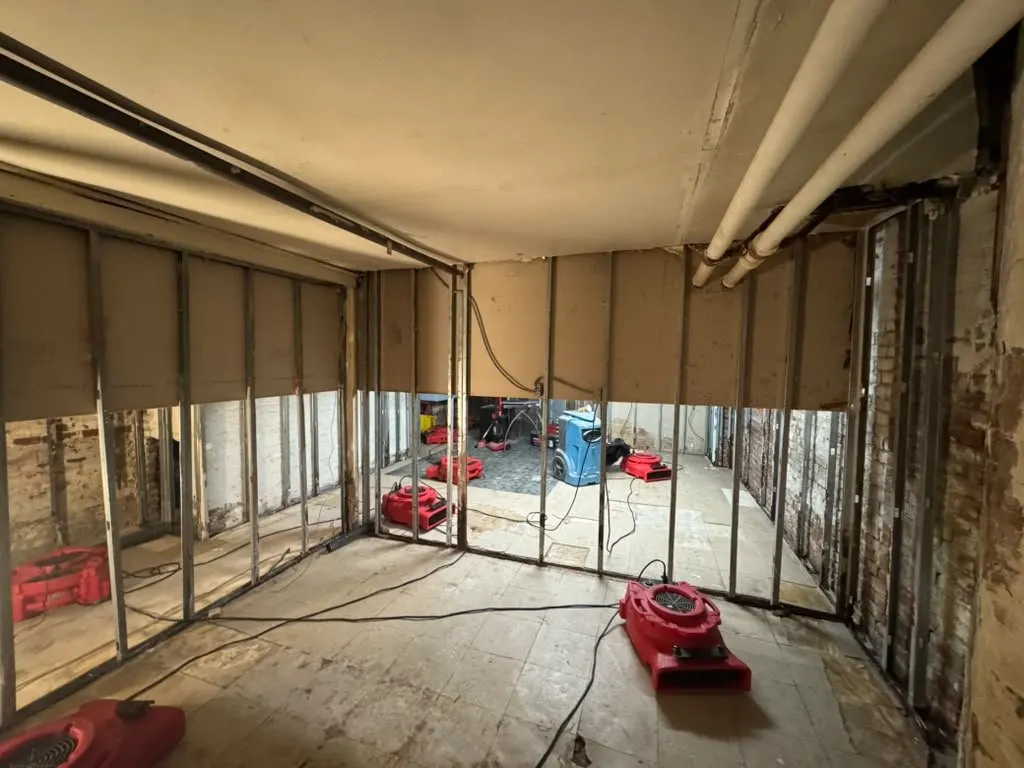 Air movers and a dehumidifier drying a gutted basement after sewage cleanup in Cypress Hills, Brooklyn