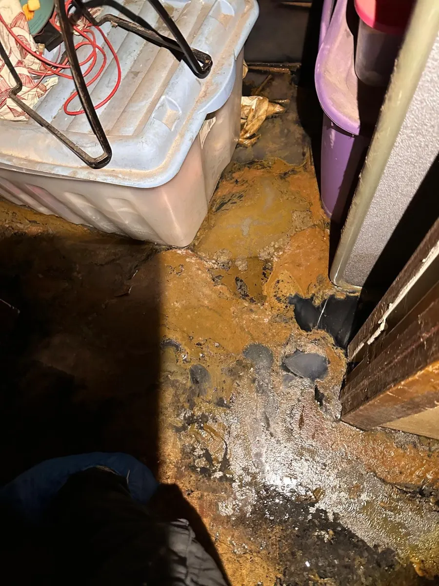 Sewer debris and sludge spread across a basement floor next to storage bins during a sewage backup in Cypress Hills, Brooklyn