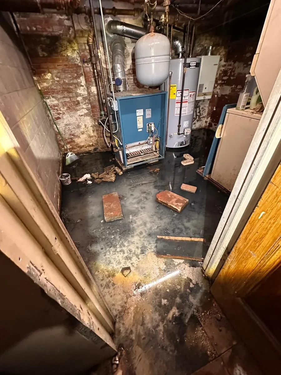 Standing sewage water around a boiler and water heater in a Cypress Hills, Brooklyn basement