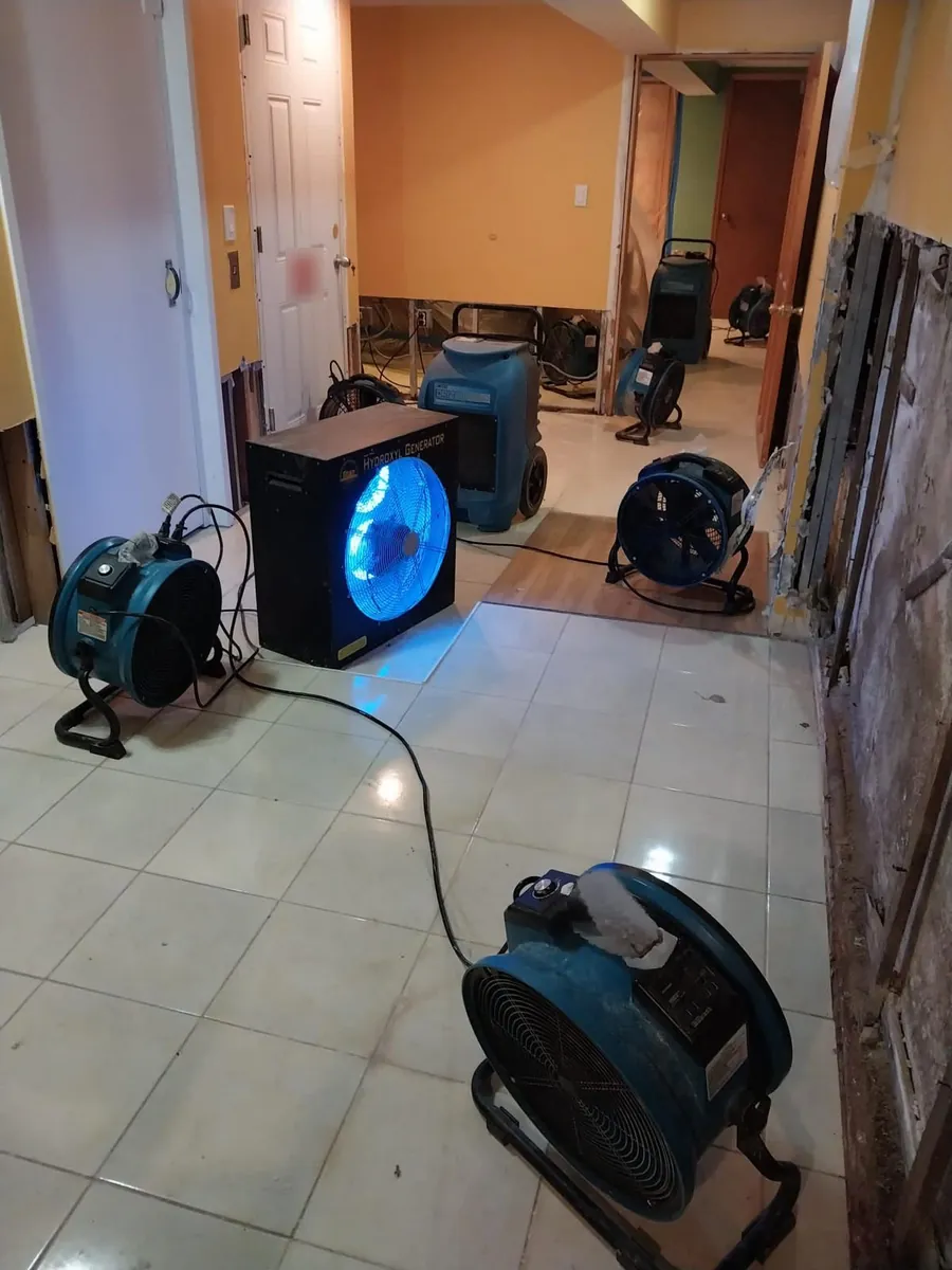 Hydroxyl generator, commercial dehumidifiers and air movers drying a finished basement after a water heater failure in Marine Park, Brooklyn